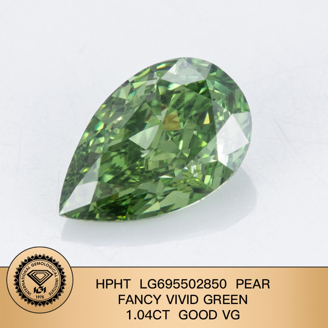 1.04 Carat Lab Grown Diamond Fancy Vivid Green Pear Shape VG Good IGI Certified HPHT