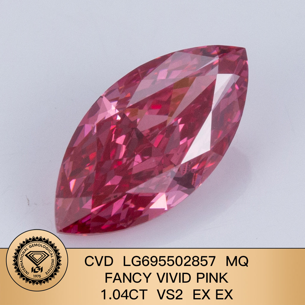 Diamant synthétique de 1,04 carat, couleur rose vif fantaisie VS2 2EX CVD, forme marquise