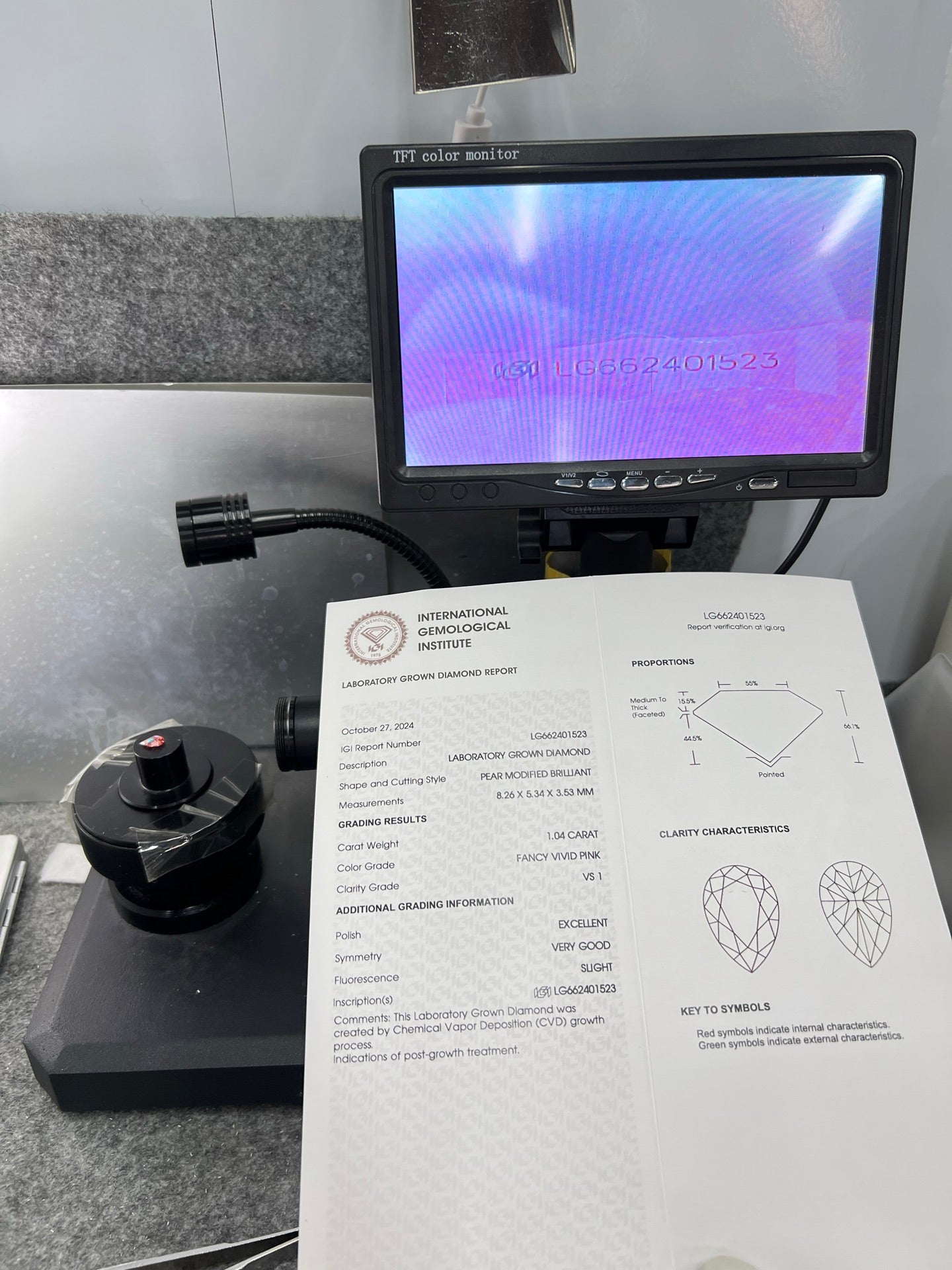 Diamant poire de 1,04 carat, cultivé en laboratoire, couleur rose vif fantaisie, VS1 CVD, EX VG