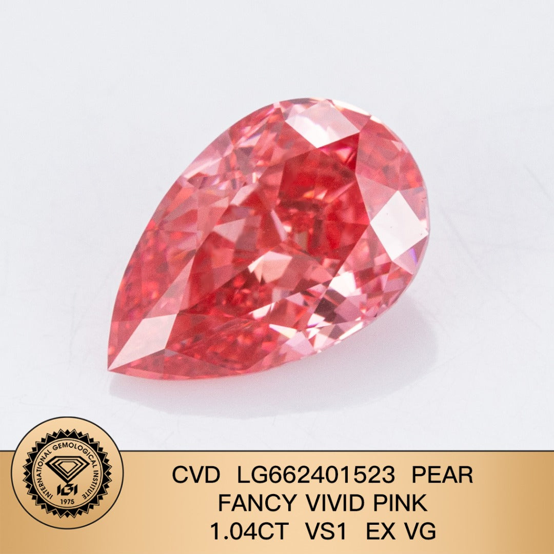Diamant poire de 1,04 carat, cultivé en laboratoire, couleur rose vif fantaisie, VS1 CVD, EX VG