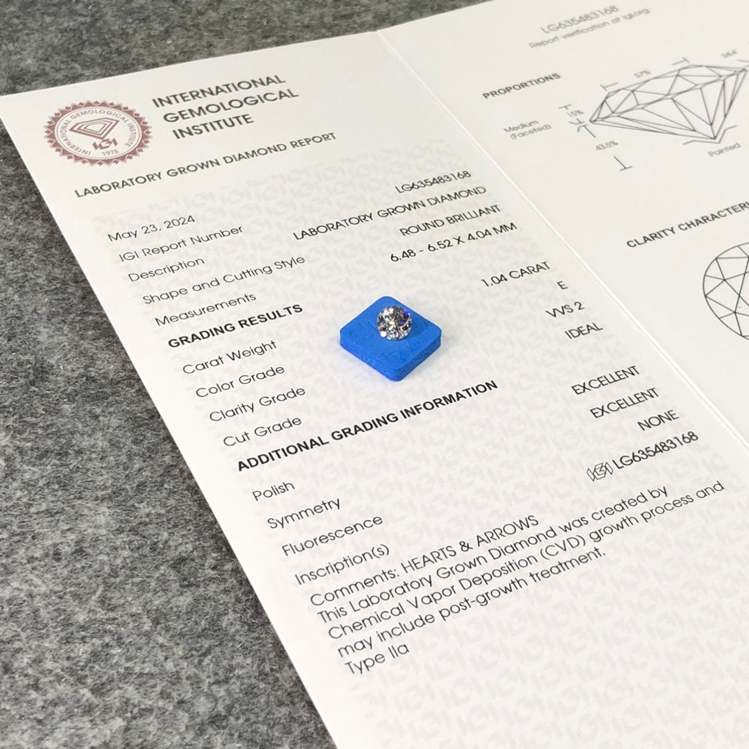 1.04 Carat Lab Grown Round Diamond E VVS2 CVD ID EX EX IGI Certificate