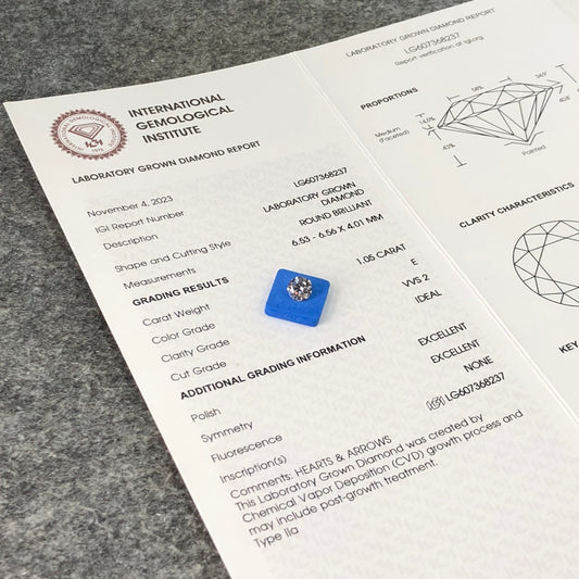 1.05 Carat Lab Grown Round Diamond E VVS2 CVD ID EX EX IGI Certificate