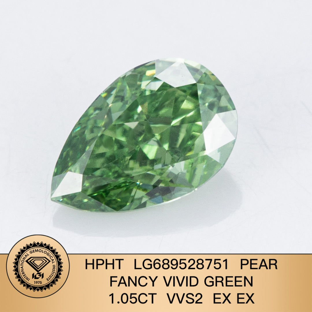 Diamant poire de 1,05 carat, cultivé en laboratoire, vert vif fantaisie VVS2 HPHT 2EX
