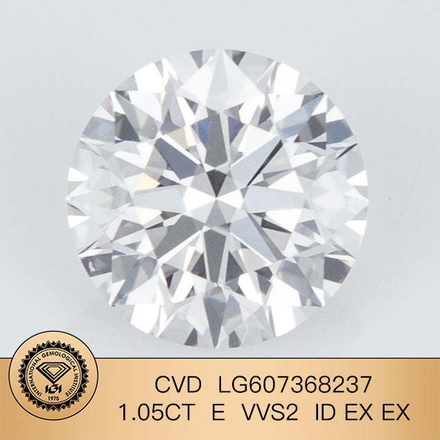 1.05 Carat Lab Grown Round Diamond E VVS2 CVD ID EX EX IGI Certificate