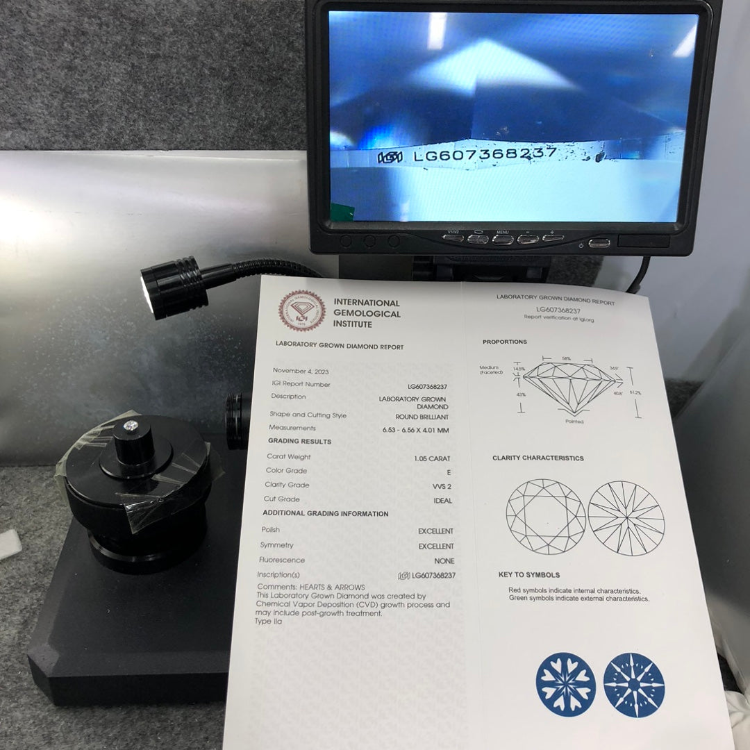 1.05 Carat Lab Grown Round Diamond E VVS2 CVD ID EX EX IGI Certificate