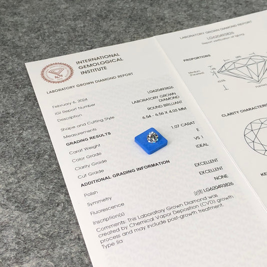 1.07 Carat E Lab Grown Round Diamond VS1 IGI CVD Excellent Cut