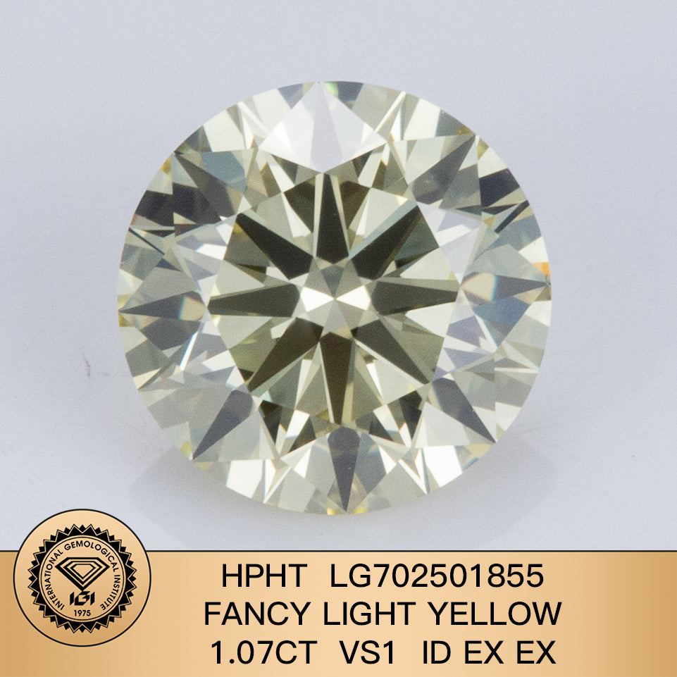 1.07 Carat ID 2EX HPHT Lab Grown Round Diamond Fancy Light Yellow VS1 IGI Certified