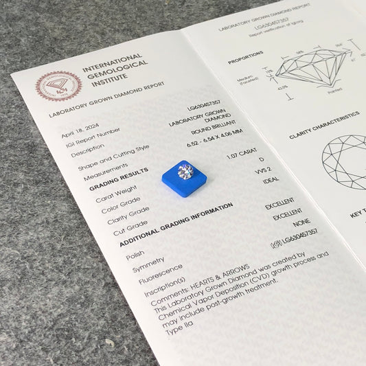 1.07 Carat Lab Grown Diamond VVS2 IGI D CVD NONE 3EX