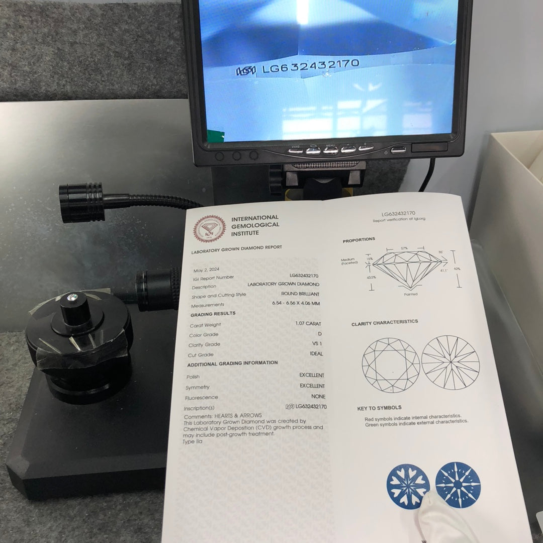 1.07 Carat Lab Grown Round Diamond VS1 IGI D CVD NONE Excellent Cut