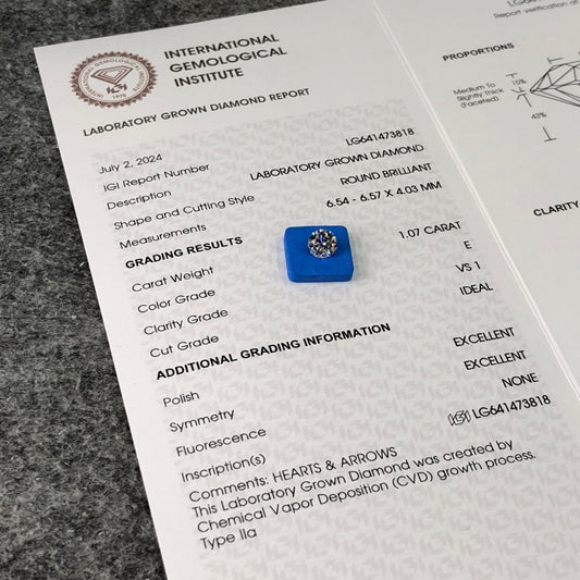 1.07 Carat Lab Grown Round Diamond VS1 IGI E CVD NONE 3EX