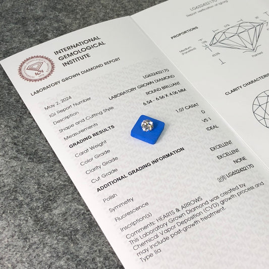 1.07 Carat Lab Grown Round Diamond VS1 IGI D CVD NONE Excellent Cut