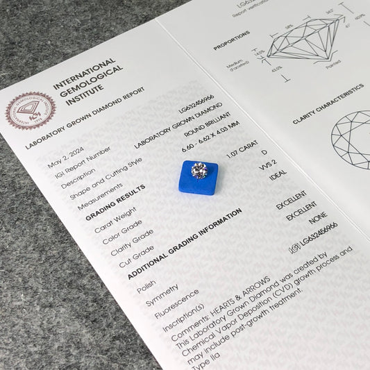 1.07 Carat Lab Grown Round Diamond VVS2 IGI D CVD Excellent Cut