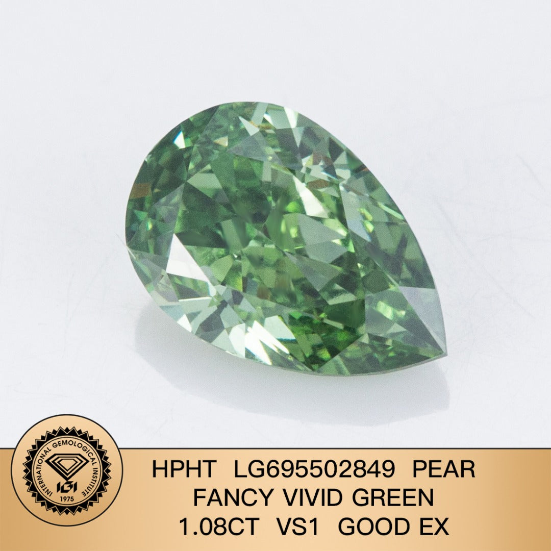 Diamant synthétique de 1,08 carat, vert vif fantaisie VS1 HPHT, forme poire EX