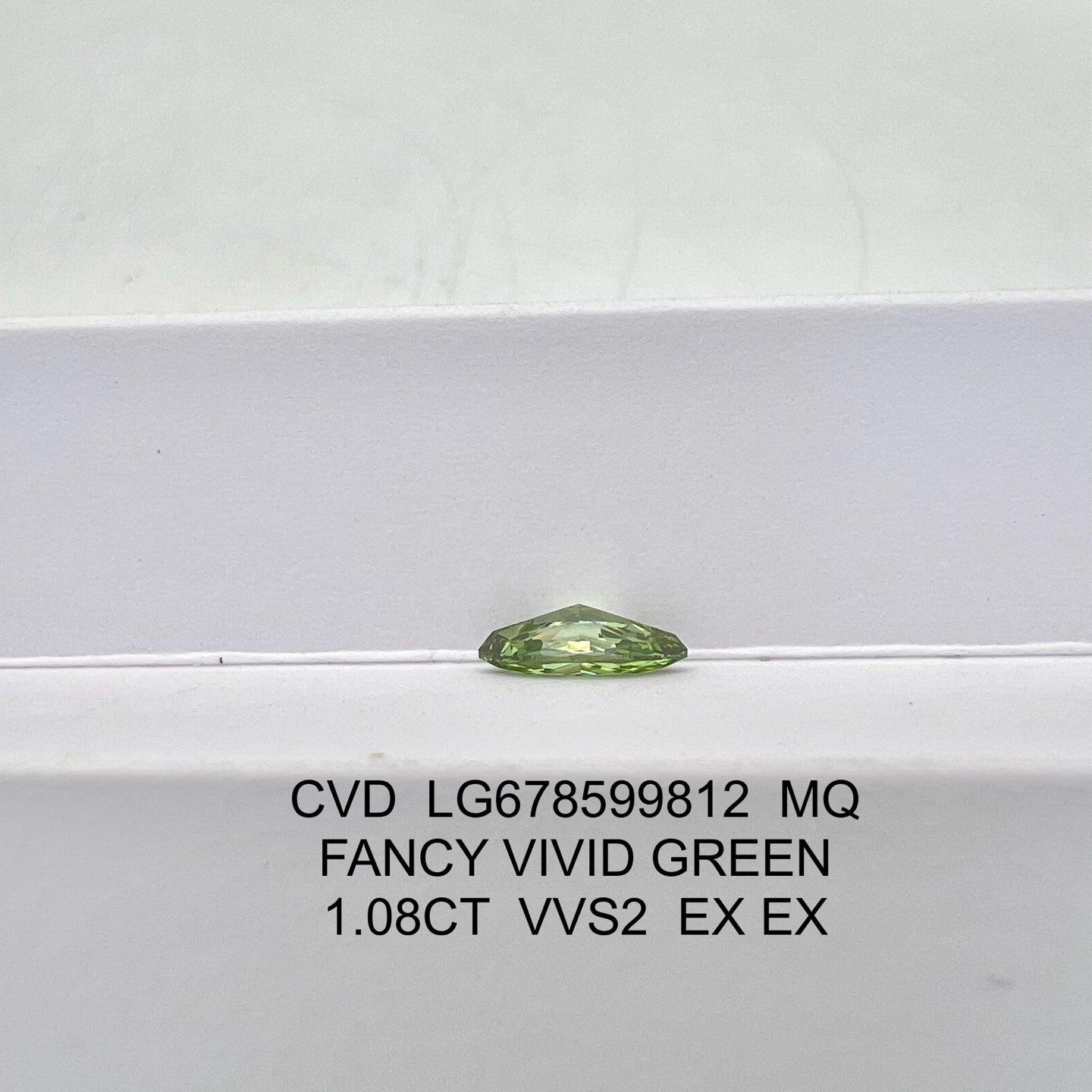 Diamant synthétique de 1,08 carat, vert vif fantaisie, VVS2 2EX CVD, forme marquise