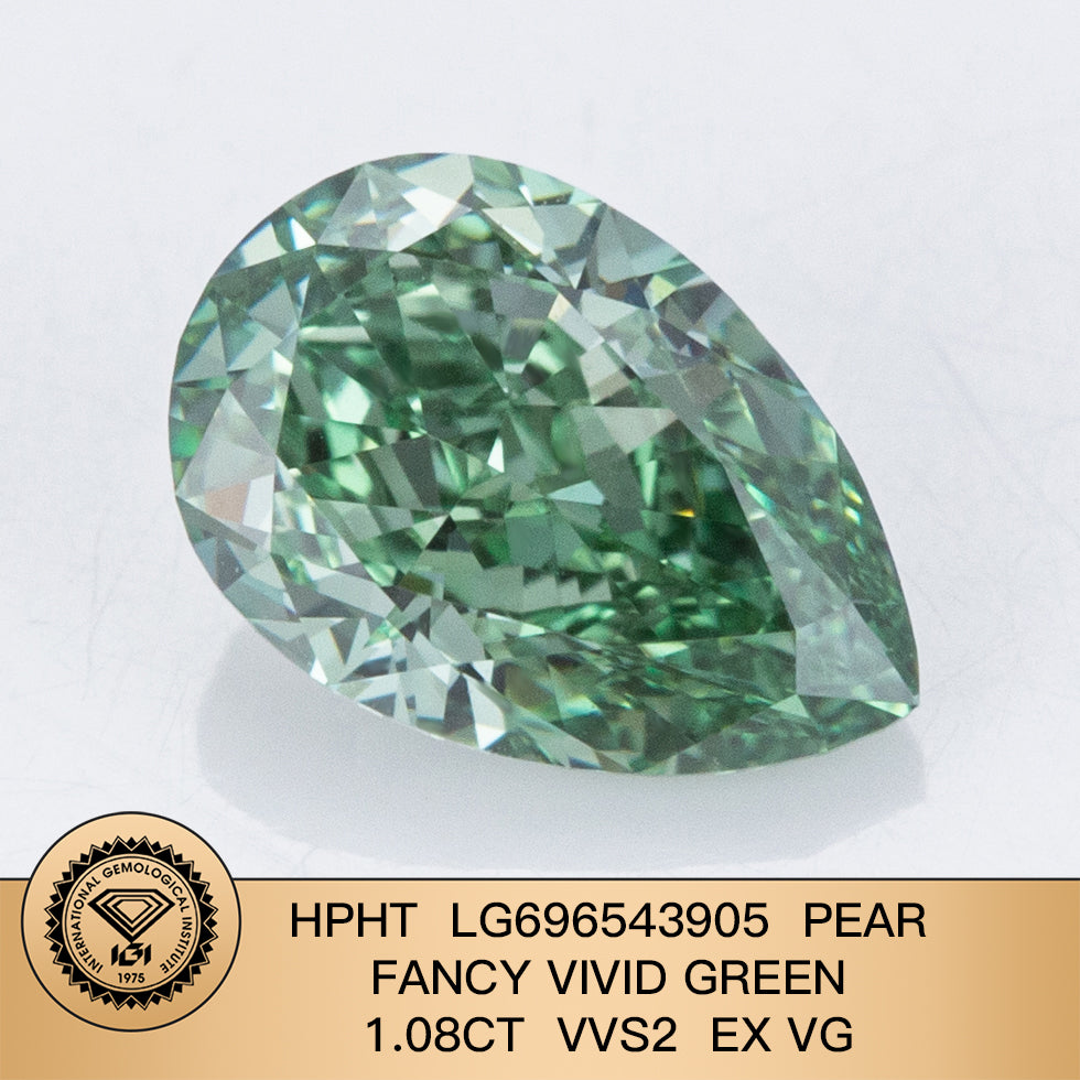 Diamant poire de 1,08 carat, cultivé en laboratoire, vert vif fantaisie VVS2 HPHT VG EX