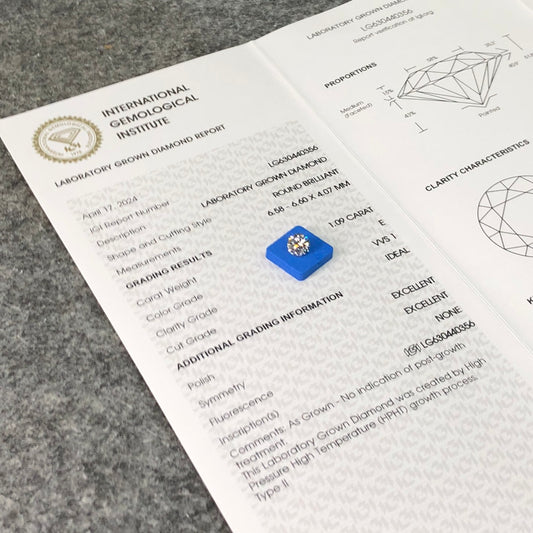 1.09 Carat E VVS1 Lab Grown Diamond ID 2EX IGI Certified HPHT