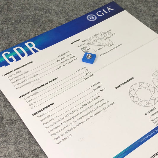 Diamant de laboratoire G de 1,09 carat VVS2 GIA CVD AUCUN 3EX