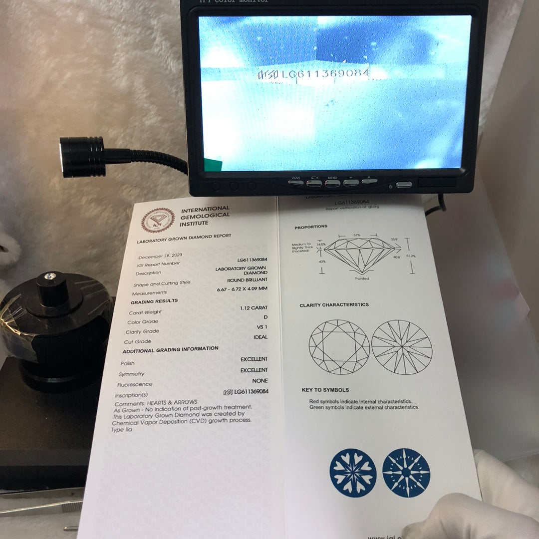 Diamant synthétique rond de 1,12 carat, fabriqué en laboratoire, certifié D VS1 CVD, certifié IGI