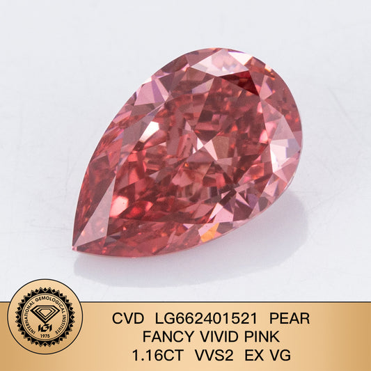 Diamant synthétique de 1,16 carat, taille poire rose vif fantaisie, CVD, EX VG, VVS2