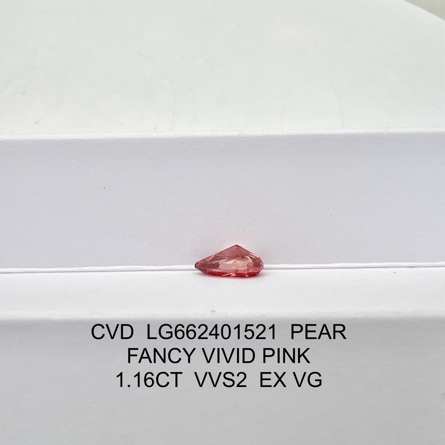 Diamant synthétique de 1,16 carat, taille poire rose vif fantaisie, CVD, EX VG, VVS2