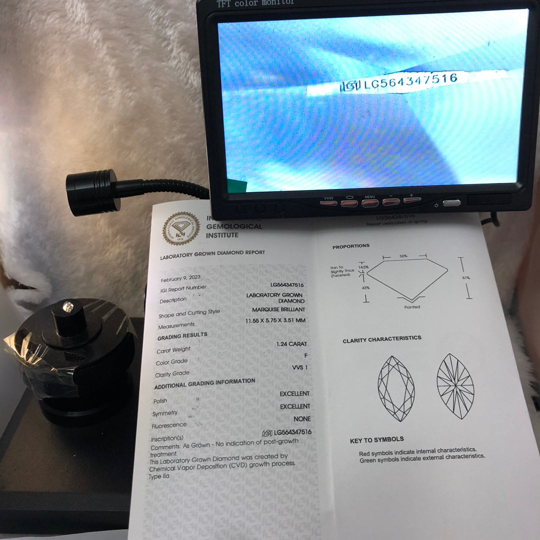1.24 Carat Lab Grown Diamond F VVS1 2EX CVD Marquise Man Made Diamond