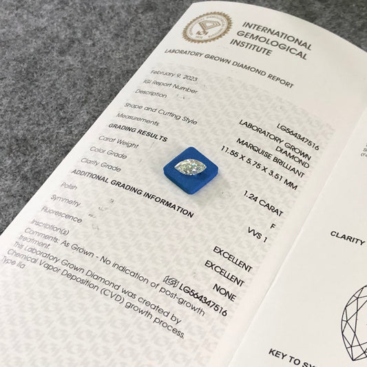 1.24 Carat Lab Grown Diamond F VVS1 2EX CVD Marquise Man Made Diamond