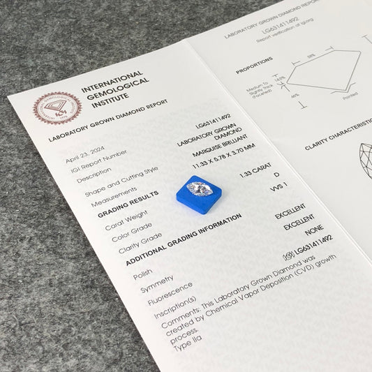 1.33 Carat Lab Grown Marquise Diamond D VVS1 2EX CVD Wholesale Price