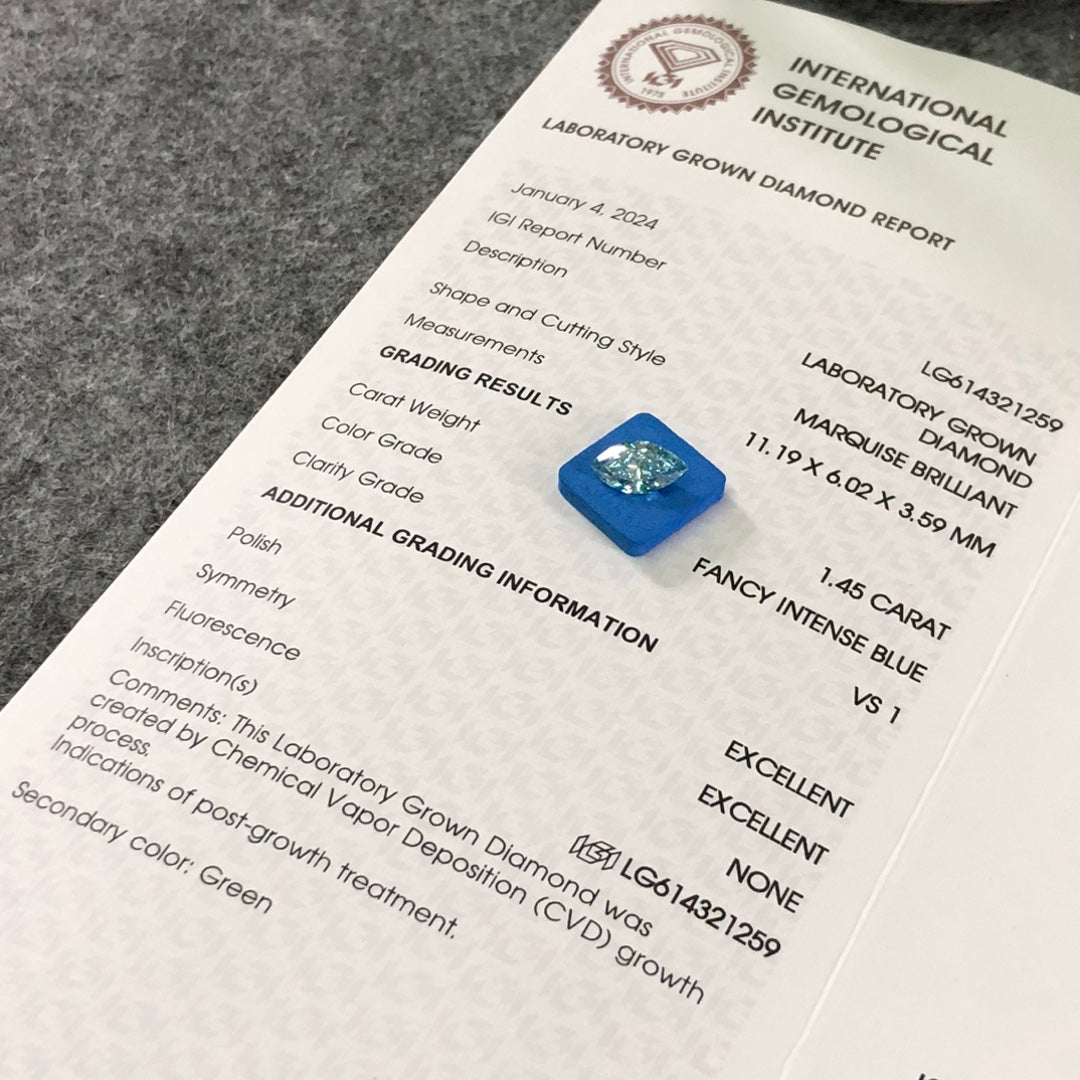 1.45 Carat Lab Grown Marquise Diamond Fancy Intense Blue VS1 2EX CVD