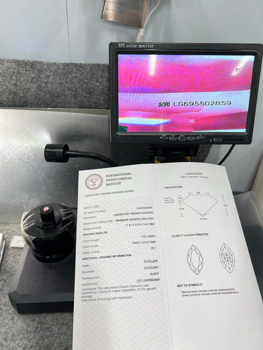 1.4 Carat Lab Grown Diamond Fancy Vivid Pink VS1 2EX CVD Marquise Man-made Diamond