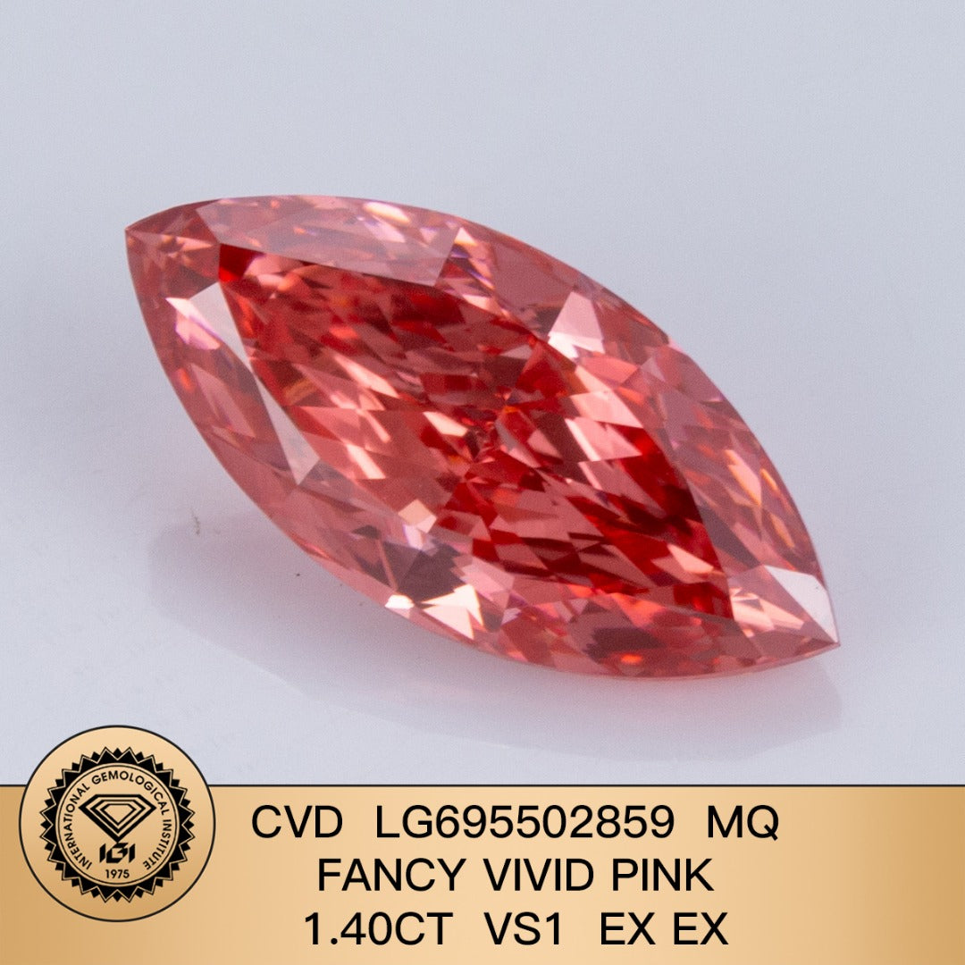 Diamant synthétique de 1,4 carat, couleur rose vif fantaisie VS1 2EX CVD, taille marquise
