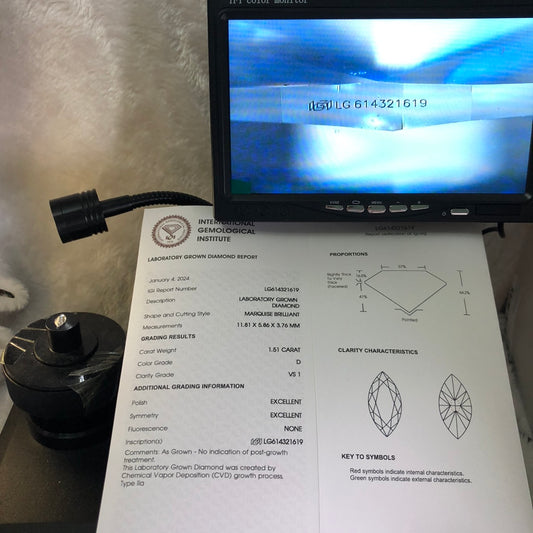 1.51 Carat Lab Grown Diamond D VS1 2EX CVD Marquise Man Made Diamond