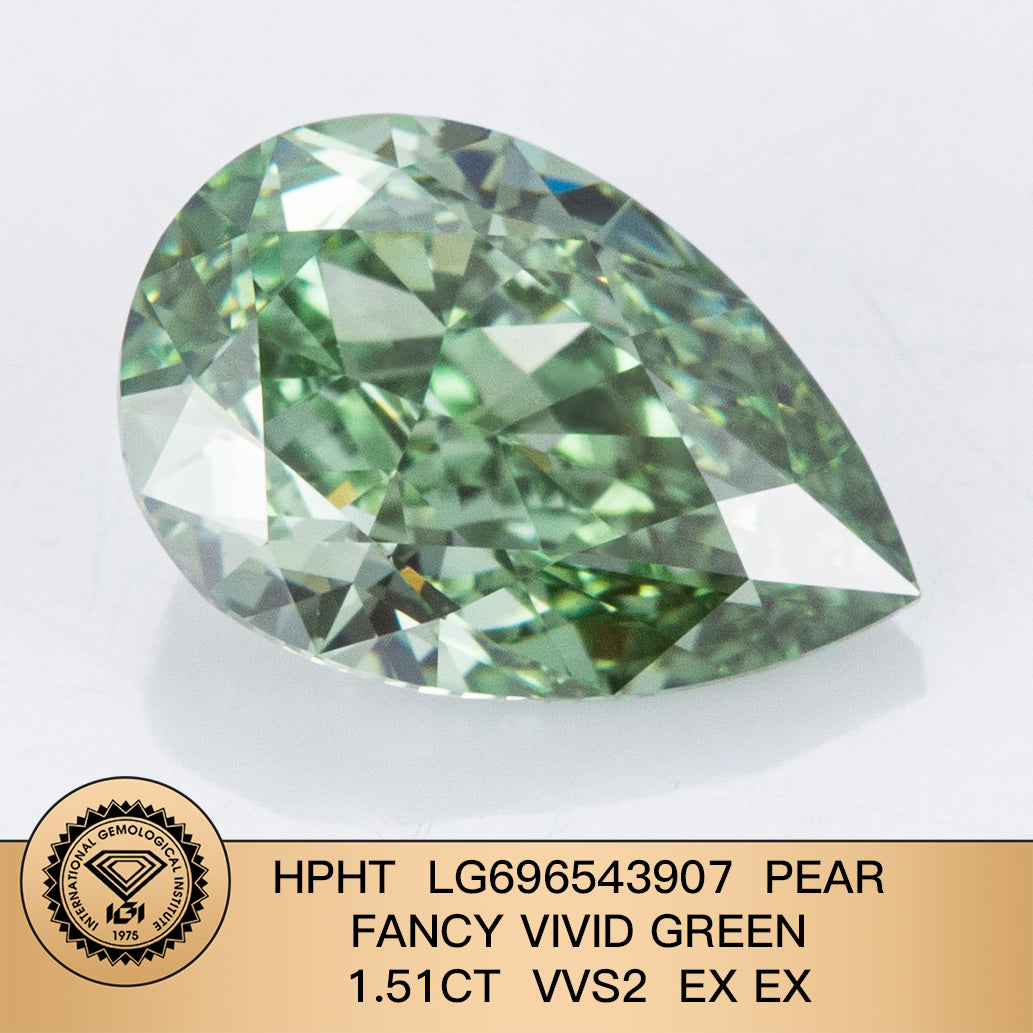 Diamant poire de 1,51 carat, cultivé en laboratoire, vert vif fantaisie 2EX VVS2 HPHT