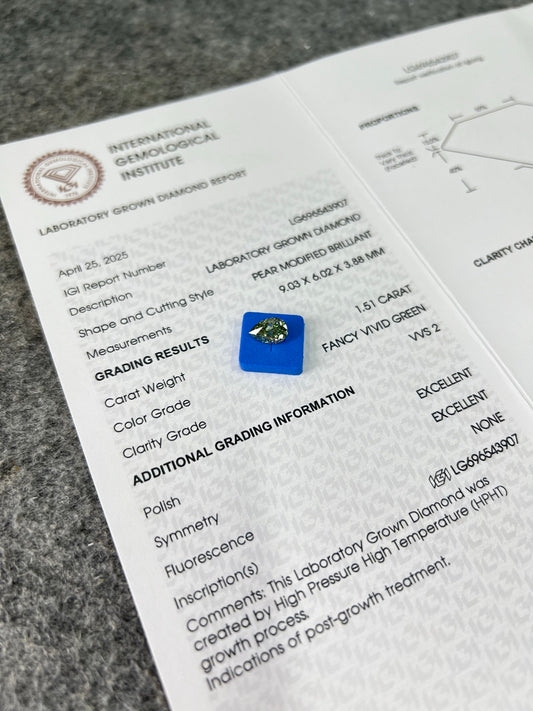1.51 Carat Lab Grown Pear Diamond Fancy Vivid Green 2EX VVS2 HPHT