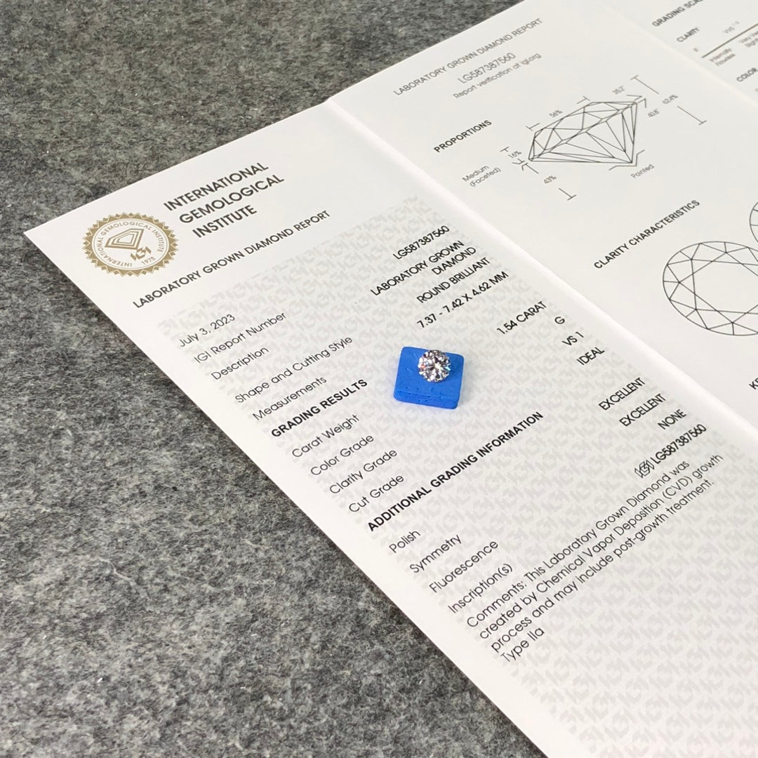 1.54 Carat IGI Certificate Lab Grown Diamond G VS1 ID 2EX Round CVD