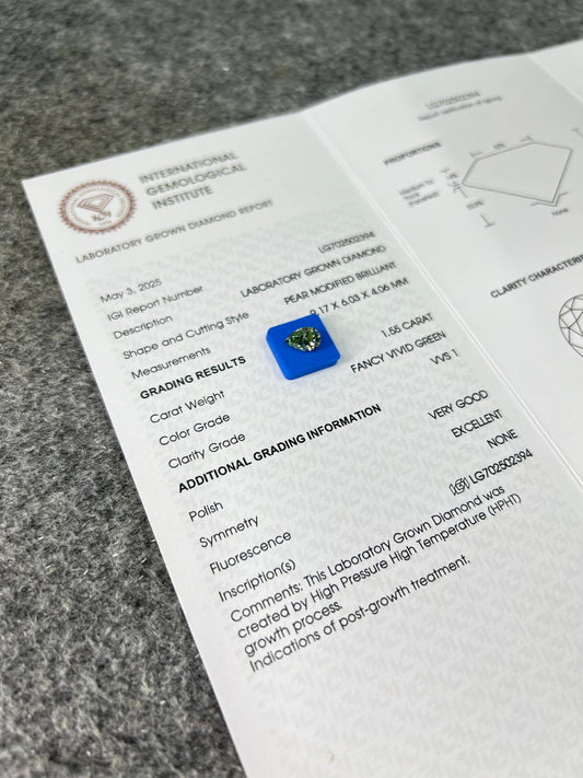 1.55 Carat Lab Grown Man Made Pear Diamond Fancy Vivid Green EX VG VVS1 HPHT