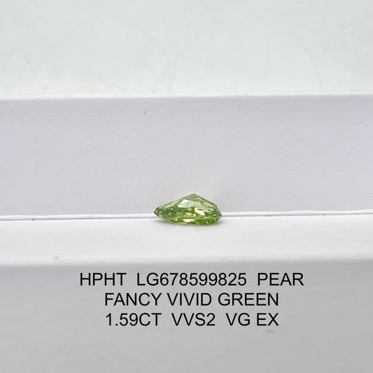 1.59 Carat Lab Grown Man Made Pear Diamond Fancy Vivid Green VG EX HPHT