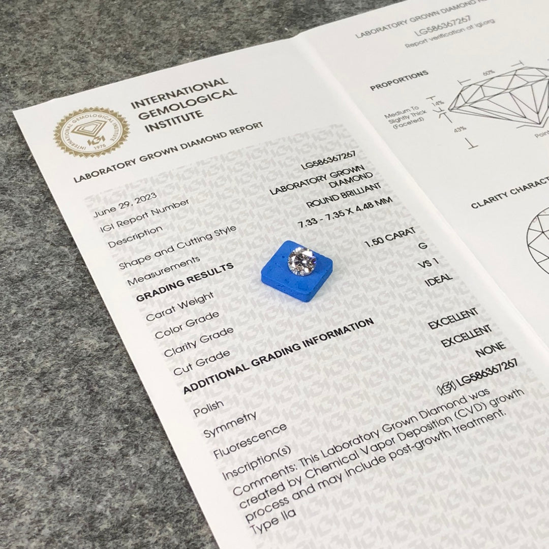 1.5 Carat IGI Certificate Lab Grown Diamond G VS1 CVD Lab Created Round Diamond Ideal