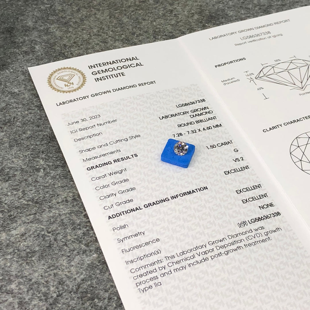 1.5 Carat IGI Certificate Lab Grown Diamond G VS2 CVD Lab Created Diamond 3EX Cut