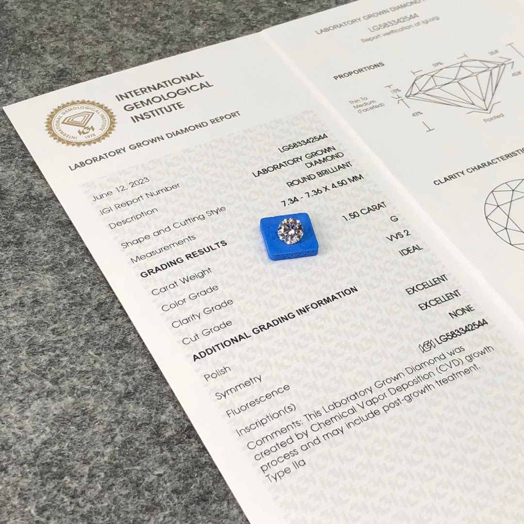 1.5 Carat IGI Certificate Lab Grown Diamond G VVS2 CVD Lab Created Diamond Ideal Cut