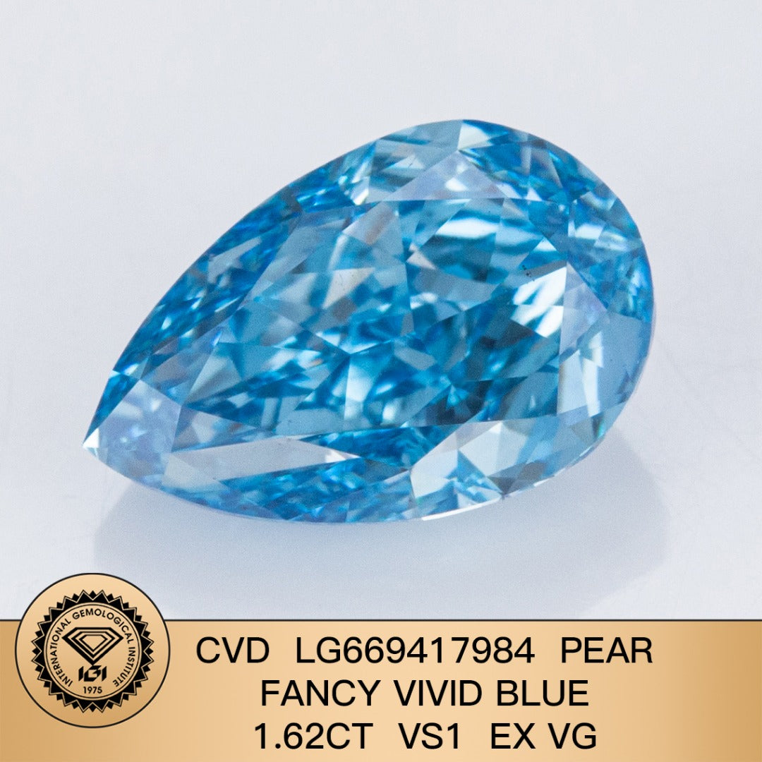 1.62 Carat Lab Grown Diamond Fancy Vivid Blue Pear Shape EX VG IGI Certified CVD VS1