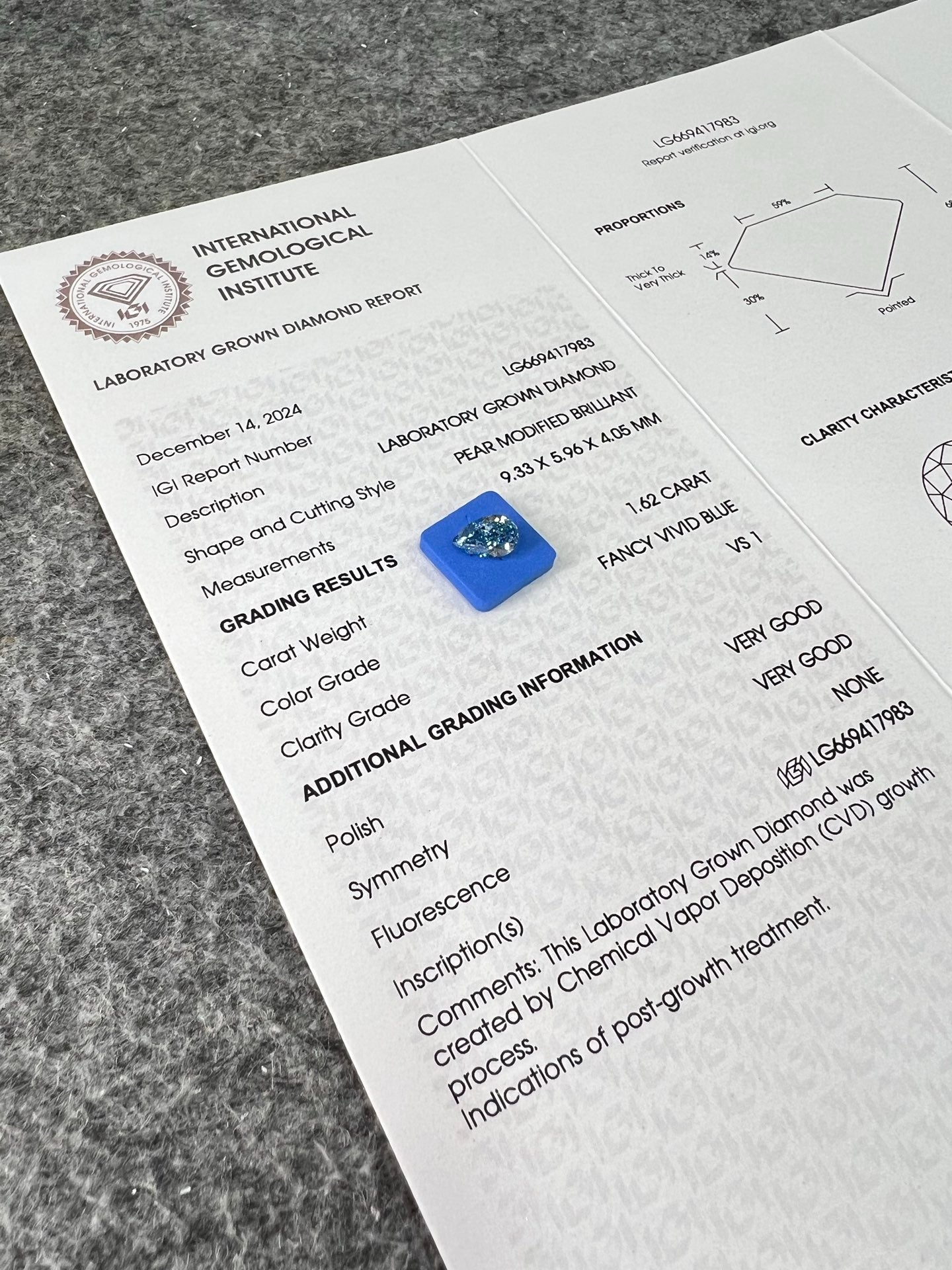 Diamant poire de 1,62 carat, cultivé en laboratoire, bleu vif fantaisie VS1 CVD 2VG