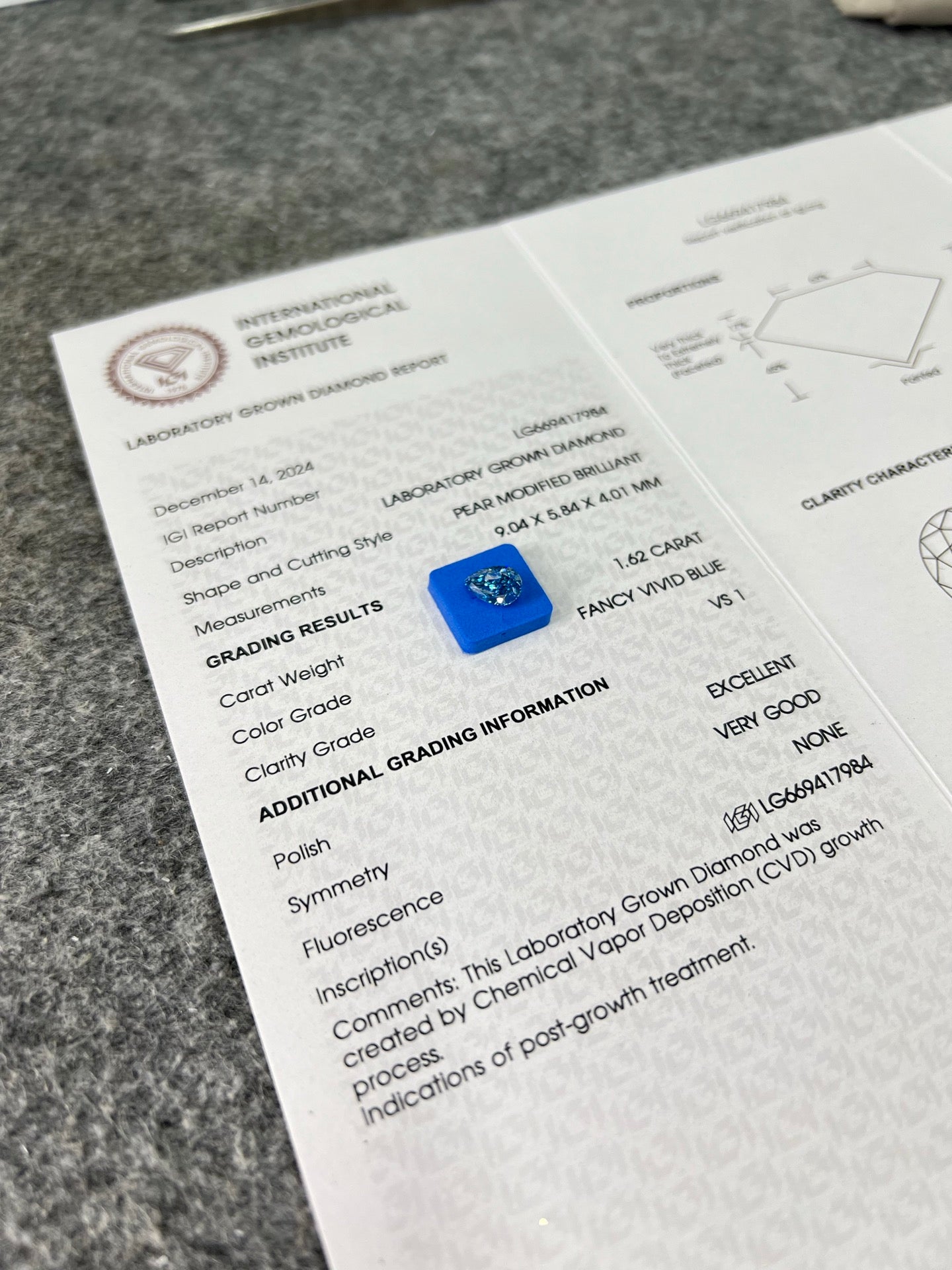 1.62 Carat Lab Grown Diamond Fancy Vivid Blue Pear Shape EX VG IGI Certified CVD VS1
