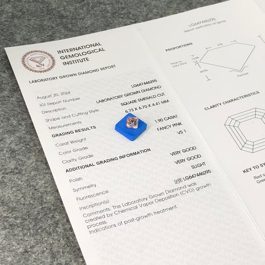 1.9 Carat Lab Grown Diamond Fancy Pink VS1 Square Emerald Cut 2VG CVD