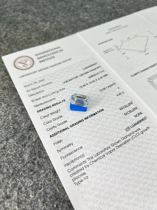 10.09 Carat IGI Certificate Lab Grown Emerald Diamond F VVS2 2EX CVD