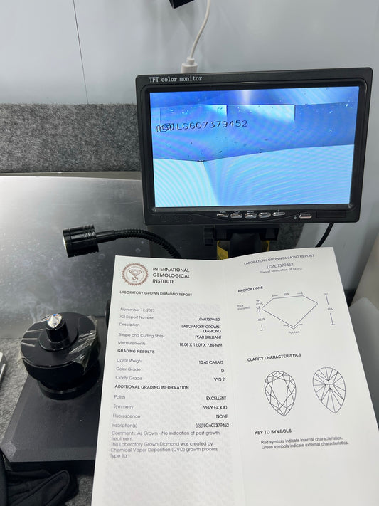 10.45 Carat IGI Certificate Lab Grown Pear Shape Diamond D VVS2 EX VG CVD