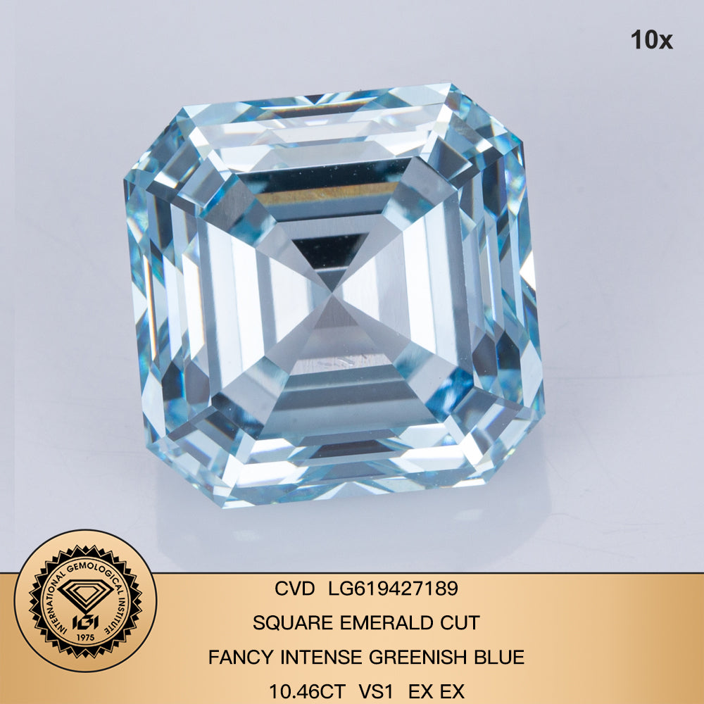 10.46 Carat Lab Grown Diamond Fancy Intense Greenish Blue VS1 Square Emerald 2EX CVD Wholesale