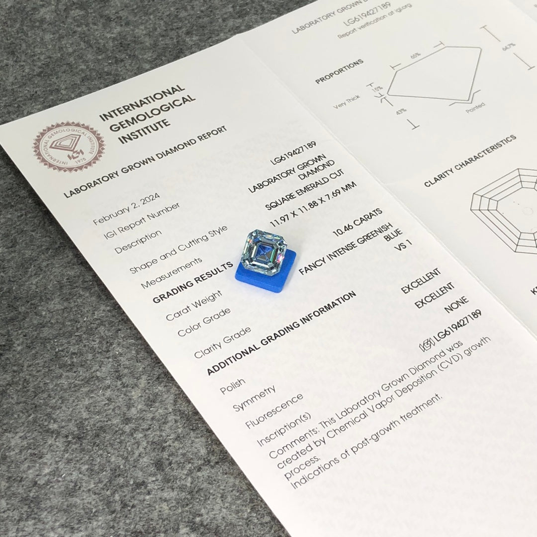 10.46 Carat Lab Grown Diamond Fancy Intense Greenish Blue VS1 Square Emerald 2EX CVD Wholesale