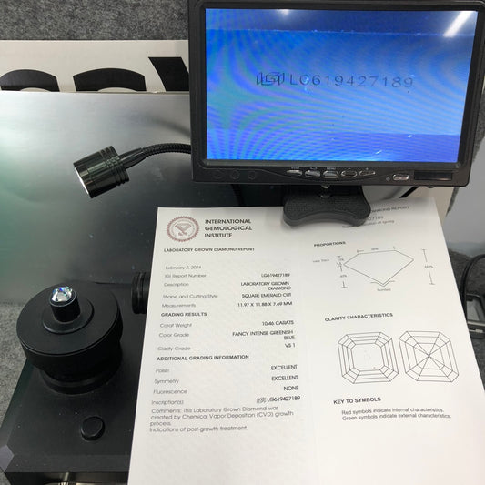 10.46 Carat Lab Grown Diamond Fancy Intense Greenish Blue VS1 Square Emerald 2EX CVD Wholesale