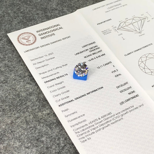 12.11 Carat IGI Certified Lab Created Synthetic Diamond E VVS2 ID 2EX CVD