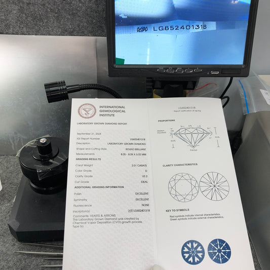Diamant de laboratoire D de 2,01 carats VS2 IGI CVD AUCUN 3EX ID